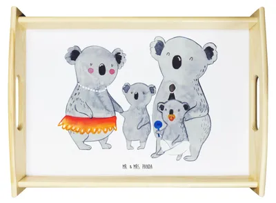 Produktbild von Mr. & Mrs. Panda Sofa Tablett Koala Familie - Weiß - Geschenk, Frühstückstablett, Koalas, holz, Serviertablett, Servier, Mama, Dekotablett, Kinder, Muttertag