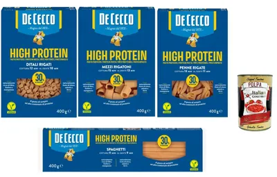Produktbild von De Cecco Italian Gourmet Bundle High Protein Pasta 4x 400 g (Spaghetti + Mezzi Rigatoni + Ditali Rigati + Penne Rigate) + Italian Gourmet Polpa – proteinreiche Pasta mit 30% Protein, Fitness Pasta Set