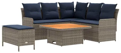 Image de Ensemble de mobilier vidaXL avec coussins, 5 pièces, gris et bleu marine, rotin PE