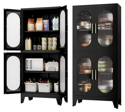 Produktbild von 155 cm H Metallküche Speisekammer Aufbewahrungsschrank, freistehender Schrank mit 4 Acrylglastüren und 2 verstellbaren Regalen, Aufbewahrung für Küche, Bad, Garage oder Esszimmer (Schwarz)