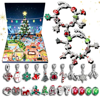 A Christmas-themed advent calendar box with various Christmas charms and bracelets displayed.