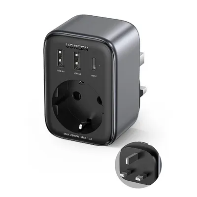 Produktbild von Ugreen Wandladegert/Adapter 2x USB-A, 1xUSB-C, 30W, UK-zu-EU-Stecker 13A - Schwarz