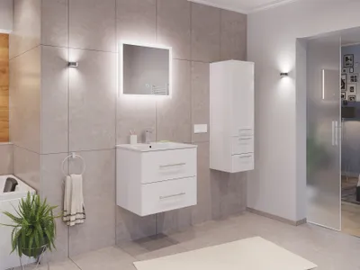 Produktbild von Badmöbel Set Firenze 60 3tlg. LED Spiegel und Seitenschrank weiß hochglanz : Weiss hochglanz