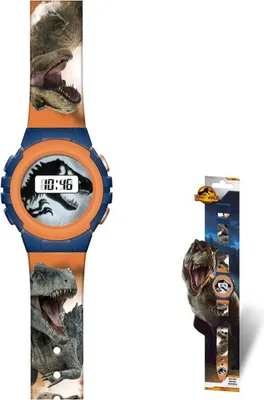 A digital watch with Jurassic World branding and a packaging display.