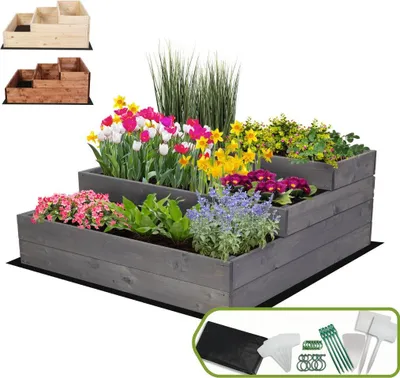 Produktbild von MODO24 Hochbeet Holz, Pflanzkasten, Massivholz, Kiefer, Kräuterbeet, Blumenkasten, Garten, Terrasse, 36x90x93 cm, Grau, ZP07