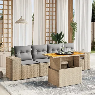 Produktbild von Design 5-tlg. Garten-Sofagarnitur mit Kissen Beige Poly Rattan, Gartenmöbel-Sets 2024 Neu