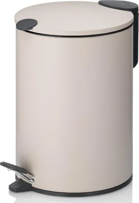 A beige pedal bin with a gray lid and pedal.