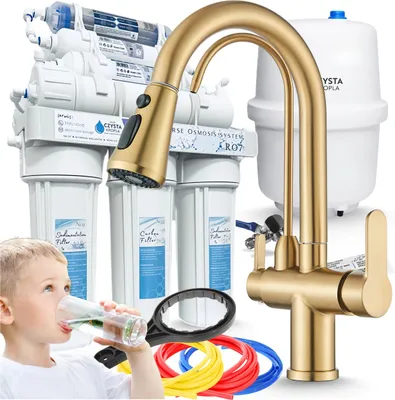 Produktbild von Wasserfilter Set RO7 mit 3-Wege Küchenarmatur Nordic Gold, 7-stufige Umkehrosmose, 360° schwenkbar, Wasserfilter-Anschluss