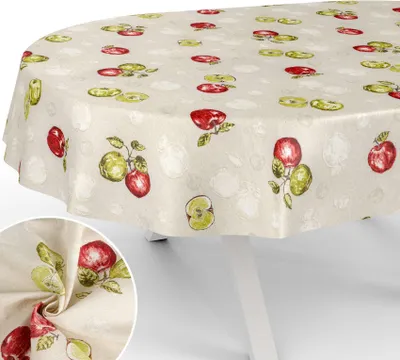 Produktbild von Tischdecke Apfel mit Tee und Kaffee aus Textil Tischtuch mit Beschichtung Tischwäsche Naturel Beige Oval Breite 140cm Länge 200cm mit Schnittkante