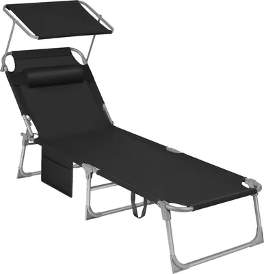 Produktbild von SONGMICS Sonnenliege, klappbarer Liegestuhl, mit Seitentasche, 53 x 193 x 29 cm, bis 150 kg, Kopfstütze, verstellbarer Rückenlehne Schwarz