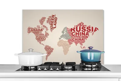 Obrázok produktu pre MuchoWow® Splashback Kuchyňa - Kuchynský backsplash - Ochrana steny pre sporák a drez Mapa sveta - Písmená - Farby 80x55cm Alu-Dibond (alternatíva k