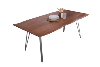 Produktbild von Esstisch Baumkante 200 x 100 cm Akazie massiv nussbaumfarben Metallgestell Silber CELIA