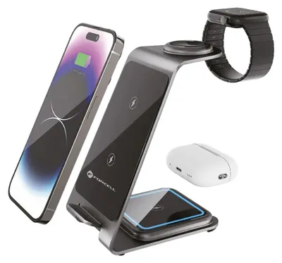 A collection of electronic devices including a smartphone, a smartwatch, and wireless earbuds, all placed on a wireless charging stand.