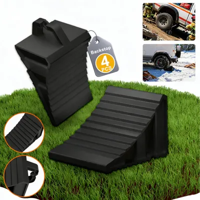 Produktbild von UISEBRT Unterlegkeile 4er Set, schwarz, robuste rutschfeste PP-Kunststoff Radkeile mit Griff, für PKW, Anhänger, Wohnmobil, Caravan, LKW, Reifenstopper