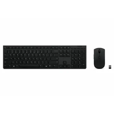 A black wireless keyboard and mouse set on a white background.