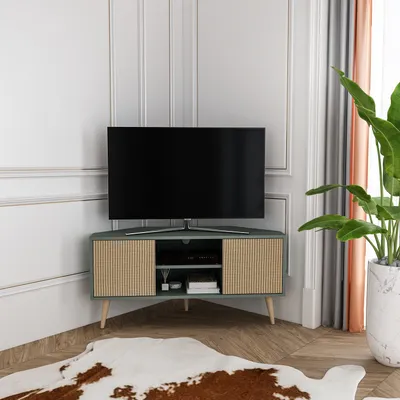 Produktbild von Decorotika Lesson TV-Lowboard aus 18 mm melaminbeschichteter Spanplatte 120 x 45 x 59,8 cm Kabelmanagement, Massivholzbeine, Silva-Grün/Hazeran-Muster