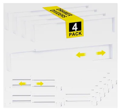 Produktbild von 4er Set Kunststoff Schubladenteiler für Innenlängen von 34–59 cm und Höhen über 7 cm, verstellbar für Kleiderschrank, Schlafzimmer, Kommode, Küche, Büro