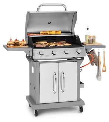 Image de Klarstein Gril à gaz pour camping balcon jardin, gril avec 4 brûleurs, 14400W gril à gaz en acier inoxydable, gril à gaz extérieur avec brûleur latéral, gril à gaz pour propane et butane, grils à gaz avec couvercle de gril