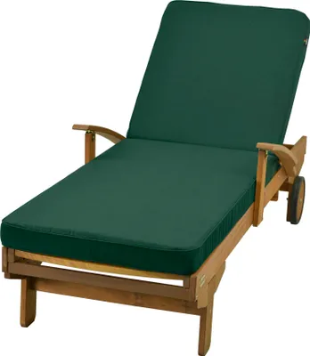 A wooden chaise lounge with a green cushion on a white background.