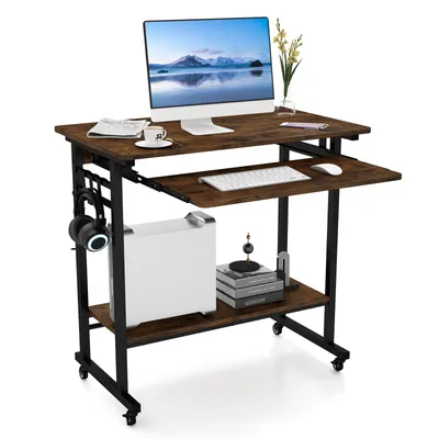 Produktbild von COSTWAY Schreibtisch mit Rollen, Tastaturablage, platzsparender Computertisch PC-Tisch mit CPU-Ständer und Haken, industrieller Laptoptisch für das Heimbüro, rustikales Braun