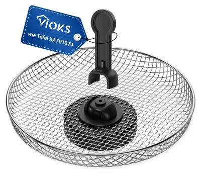 A close-up studio shot of a round metal mesh basket with a black handle attachment and a black base, against a white background. A blue tag with white text is attached to the handle.