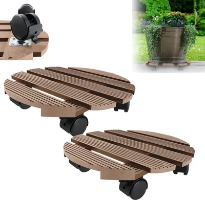 Produktbild von XMTECH 2 Stück WPC-Pflanzenroller Witterungsbestaendig 100 kg Tragkraft, Pflanzenroller & Blumenroller ø30cm für Außenbereich + Innenbereich, Rollbrett Pflanzen, Untersetzer mit Rollen, Rund, Braun