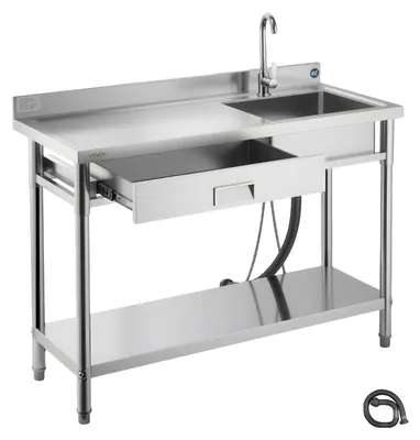 Produktbild von VEVOR Edelstahl Utility Sink, 1 Fach Freistehendes kleines Waschbecken mit Werkbankarmatur & Beinen, 100,1 x 48,5 x 95 cm Gewerbliche Einzelbecken für Garage, Restaurant, Wäscherei, NSF-, 120 cm-d, Mit Schublade, Linke Abtropffläche, Einzelkompartiment, Einzelne Schicht-a