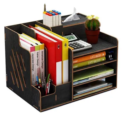 Immagine prodotto di Organizzatore da scrivania in legno nero, grande capacità, contenitore per l'ufficio, archivio documenti, portapenne, cassetto