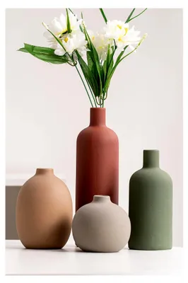 Produktbild von Keramikvase Set mit 4 Stück, Elegante Pampasgras Dekovasen für Tisch, Tafelaufsätze, Regal (Rot/Grün/Dunkelbraun/Grau)