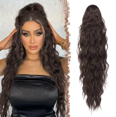 Image de Extension de cheveux, queue de cheval, tresse, cordon coulissant, ondulée, bouclée, synthétique, 65 cm, marron chocolat/marron foncé, mélange