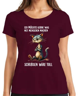 Productafbeelding van "Ich möchte was mit Menschen machen" statement T-shirt voor dames, bordeauxrood, maat M
