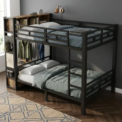 Produktbild von okwish Jugendbett 120×200 mit einer Matratze und Kleiderstange,Etagenbett mit Lochwand und 2 Schublade,Stockbett in Schwarz, KI-generiertes Bild