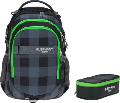 Produktbild von Schulrucksack Set 2 Teile Elephant Hero Signature Rucksack Schultasche Jungen  Mäppchen BOX 12609 Plaid Grün r mb