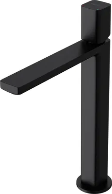 A black, modern faucet on a white background.