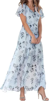 Image de ASKSA Robe d'été Femme Imprimé Fleur Longue Ruche Manches Courtes V Encolure Robe de plage Boho Beach Robe de Midi Robe de Loisirs (Columbiablau,XL)