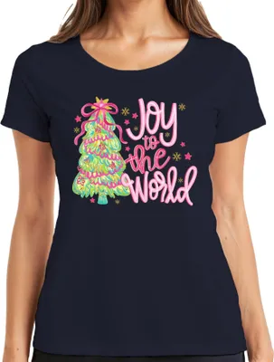 Produktbild von Joy to the World Weihnachtsbaum Weihnachten Geschenk Pink Glitzer Damen T-Shirt, Navy, S