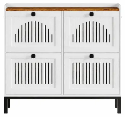 Immagine prodotto di Armadietto stretto per scarpe con 4 ante a ribalta, frontali decorati, ripiano per 24-32 paia di scarpe. Colore: bianco + ante in stile rustico