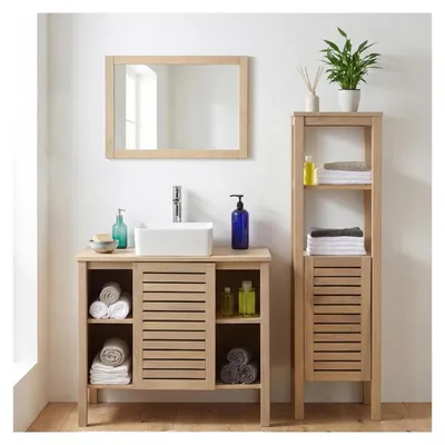 Produktbild von TALIX 90 cm Eichen-Einzelwaschbecken-Set mit Armatur, Spiegel und Säule