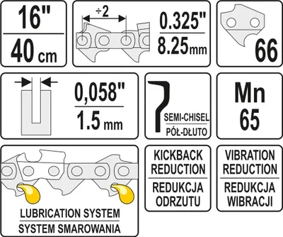 Productafbeelding van Yato YT-84942, alle merken, halvebeitel, 8,25 mm, 40 cm, 1,5 mm, geschikt voor: Dolmar: 109, 110, 111, 112, 113, 114, 115i, 116, ES1800, PS460, PS4600, PS4605, PS500, PS5000, ...