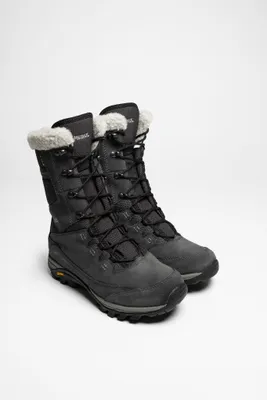 A pair of gray winter boots on a white background.
