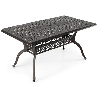 Immagine prodotto di Tavolo da giardino COSTWAY 150x90 cm, tavolo da terrazza in fusione di alluminio con foro per ombrellone, tavolo rettangolare da balcone per 6 persone, tavolo da pranzo per giardino e balcone
