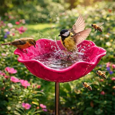 Produktbild von Vogeltränke mit Erdspieß Blume aus Metall Bienen Tränke Vogelfutterschale Dekorativer Garten für Vögel, Bienen & Schmetterlinge Rosarot