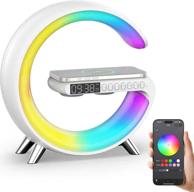 Produktbild von Multifunktionaler Bluetooth Lautsprecher, LED Wecker mit Musik Lichtmodi, 12 Lichtmodi, Nachttischlampe mit 15 Watt, kabellos wiederaufladbar
