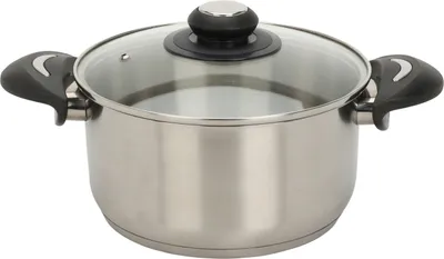 A stainless steel pot with a glass lid and black handles is shown against a white background.