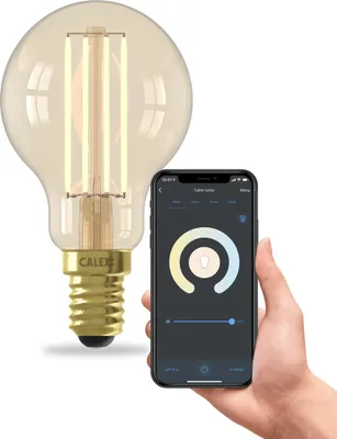 A smart LED light bulb and a smartphone displaying its control app.