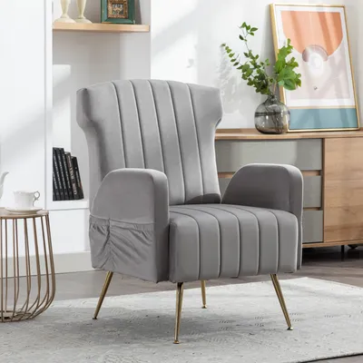 Produktbild von MODFU Armlehnstühle Relaxsessel，Posterstuhl Esszimmerstühle,Loungesessel  Samt  Mit Metallbeinen Grau