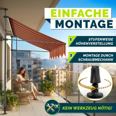 Produktbild von tillvex Balkonmarkise Gelenkarm Markise Klemmmarkise Sonnenmarkise Balkon ohne Bohren Orange/Anthrazit 150 cm