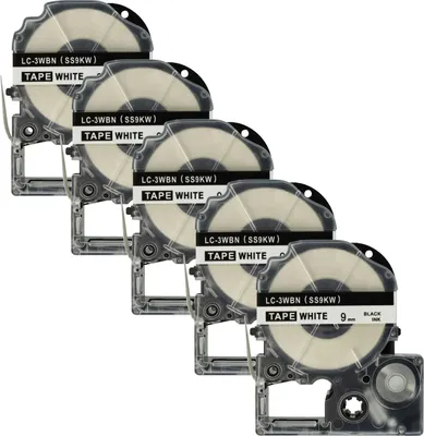 Produktbild von vhbw 5x Schriftband-Kassette kompatibel mit KingJim SR3900C, SR150, SR3700P, SR330, SR300TF, SR180, SR230C Etiketten-Drucker 8m x 9mm Schwarz auf Weiß