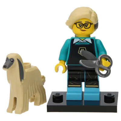 A Lego minifigure of a dog groomer with a dog accessory, presented on a white background.