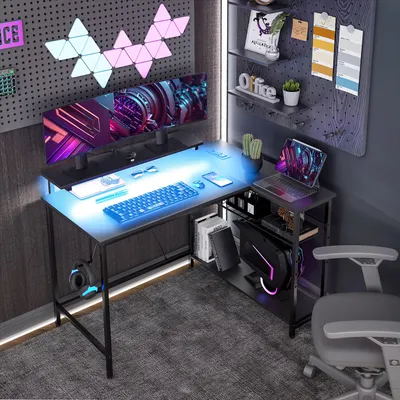 Produktbild von Schreibtisch L-Form mit LED, Steckdosen & USB, Computertisch Eckschreibtisch umkehrbar, Spanplatte, Schwarz | 107 x 80 x 90 cm | mit Regal
